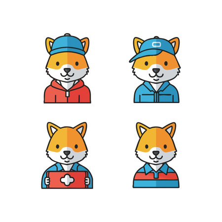 Vector set shows four cute fox characters in casual and uniform clothes, expressing friendly and professional moods. Cheerful illustration.のイラスト素材