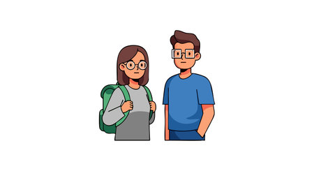 Young man and woman stand side by side wearing casual clothes and glasses, with a backpack on the woman, in a friendly mood.のイラスト素材