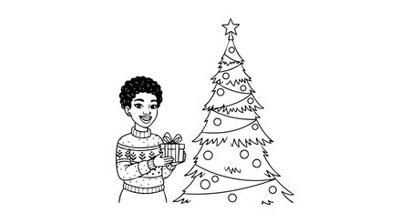 Woman stands beside decorated Christmas tree holding wrapped gift in festive sweater. Scene shows winter holiday celebration with joyful mood.のイラスト素材