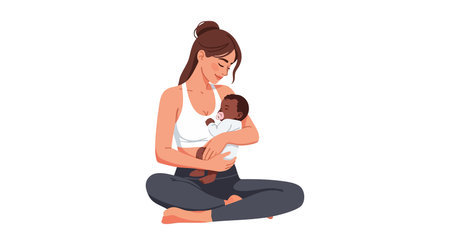 Woman breastfeeding her baby while sitting cross legged, showing nurturing and tender care in a peaceful, loving moment. Calm and warm mood.のイラスト素材