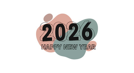 This vector features 2026 Happy New Year text with abstract shapes in muted red and green tones,...