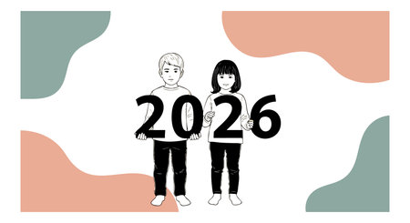 Two children hold large numbers forming 2026, standing against an abstract background with muted...