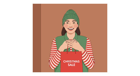 Illustration shows a cheerful woman with a green hat and striped sweater holding a Christmas sale bag, representing holiday shopping joyfully. Bright mood.のイラスト素材