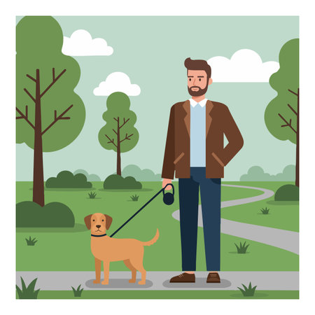 A bearded man stands with his dog on a leash in a green park with trees and clouds, evoking a calm and peaceful mood.のイラスト素材