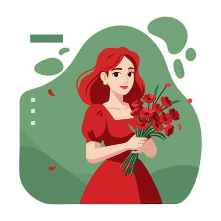 Illustration shows a smiling woman with red hair holding red flowers against a green abstract background, conveying calm and warm feelings.のイラスト素材