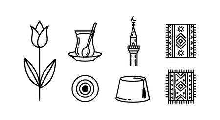 Vector line art showing Turkish cultural symbols including tulip, tea glass, minaret, carpets, and plate in black on white, simple and clear style. Calm mood.のイラスト素材