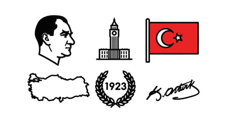 Vector set features Mustafa Kemal Ataturk portrait, Turkish flag, Ankara clock tower, map outline, 1923 wreath, and signature in black and red colors. Patriotic style.のイラスト素材