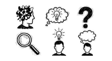 Vector illustration showing human heads with flowers, light bulbs, and question marks representing...