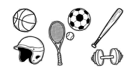 This vector illustration shows a collection of sports equipment including basketball, soccer ball, tennis racket, baseball bat, helmet, and dumbbell in black sketch style. Energetic.のイラスト素材