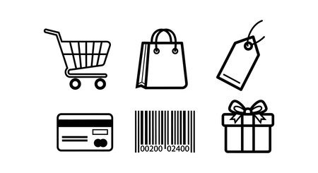Vector illustration shows six shopping icons including cart, bag, tag, credit card, barcode, and gift in simple black lines. Clear and minimalist mood.のイラスト素材