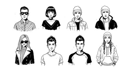 This vector illustration shows eight young people with different hairstyles and outfits in black and white style, conveying a modern urban vibe.のイラスト素材