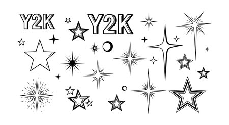 Vector illustration of Y2K style star shapes and sparkles in black and white with varied sizes and designs, presenting retro futuristic mood.のイラスト素材