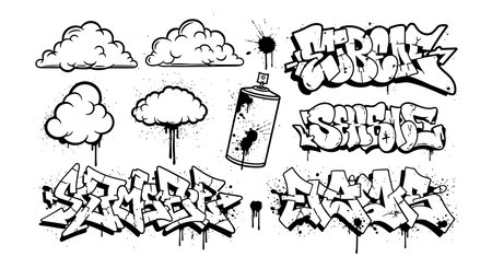 This vector shows urban graffiti art with spray paint can and various cloud shapes in black and white, conveying edgy street culture. Edgy mood.のイラスト素材