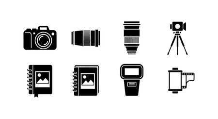 Vector icons illustrating photography equipment including camera, lenses, flash, tripod, and photo notebooks in black silhouette style, clear and simple.のイラスト素材