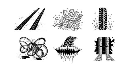 Vector illustration shows various vehicle tire tracks and patterns in black and white style with splatter effects. The design is dynamic and energetic.のイラスト素材