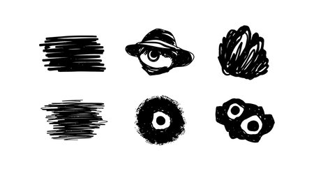 This vector set features six abstract black ink brush strokes with rough, grunge textures and paint splatters in a minimalistic style, artistic mood.のイラスト素材