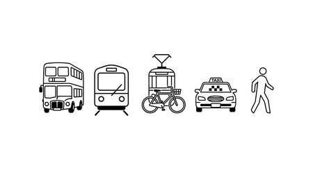 Vector illustration shows public transport icons including bus, train, tram, taxi, and pedestrian in simple black line style. Clear and minimalistic mood.のイラスト素材