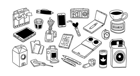 Vector illustration displays various office and home work tools and electronics in simple black and white line style, creating a clean, organized mood.のイラスト素材
