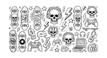 This vector features skulls, lightning bolts, skateboards, and gaming controllers in a black line style, creating an edgy and dynamic mood.のイラスト素材