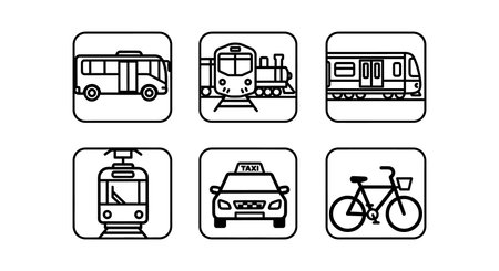 Vector illustration shows public transport icons with bus, train, taxi, bicycle, and tram inside square frames in simple line style calm.のイラスト素材