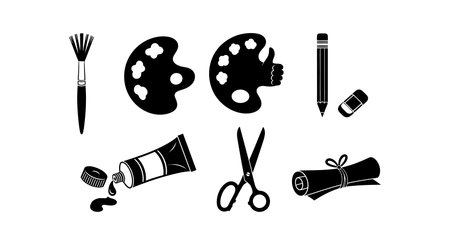 Black silhouette vector illustration showing art supplies including brushes, palettes, pencil, scissors, and canvas roll in a clean style. Creative and artistic mood.のイラスト素材