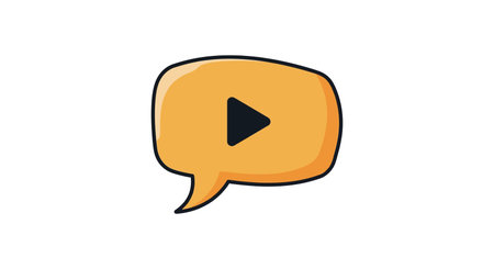 Vector illustration of an orange speech bubble containing a black play button symbol, representing multimedia or video communication, simple and clear style.のイラスト素材