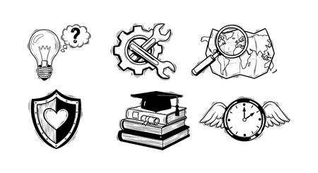 This vector features hand-drawn icons of a light bulb, heart shield, books, clock with wings, gears, and magnifying glass illustrating creativity and education. Calm mood.のイラスト素材