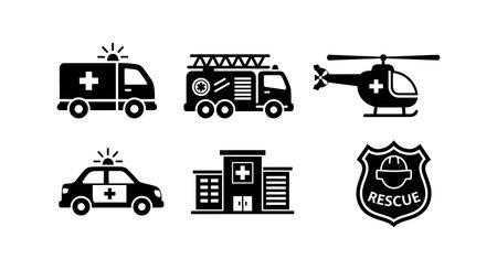 Black silhouette icons of emergency rescue vehicles including ambulance, fire truck, helicopter, police car, hospital building, and rescue badge. Clear and simple design. Calm mood.のイラスト素材