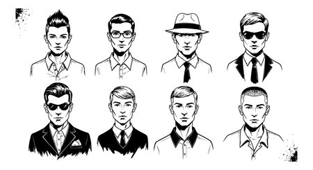 This vector set presents male avatar icons featuring various hairstyles and glasses styles in monochrome design, offering versatile character options. Calm mood.のイラスト素材