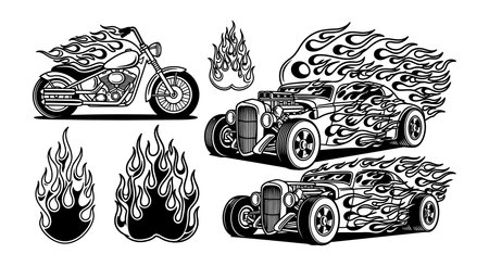 Vector illustration features a motorcycle and hot rod cars with flames in black and white, emphasizing bold and dynamic design elements. Energetic.のイラスト素材