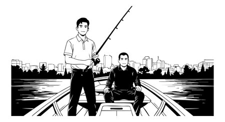 Two men fish from a boat on water with a city skyline in the distance, depicted in black and white vector style, calm and focused mood.のイラスト素材