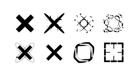 This vector image shows various black cross and square shape icons with rough and clean edges,...
