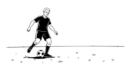 Illustration shows a soccer player in black sportswear controlling a ball on the field with clear line art, creating an energetic mood.のイラスト素材