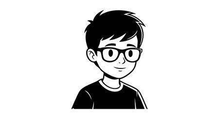 Illustration of a boy with short black hair and glasses wearing a black shirt in a portrait style,...