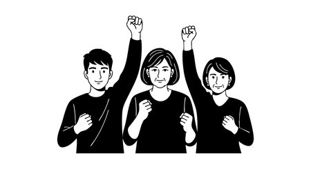 Three diverse people raise their fists in solidarity expressing unity and strength in a black and white vector style, conveying empowerment mood.のイラスト素材