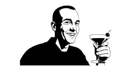 Vector illustration shows a smiling man holding a cocktail glass with an olive, rendered in black and white with clear contrast, cheerful mood.のイラスト素材