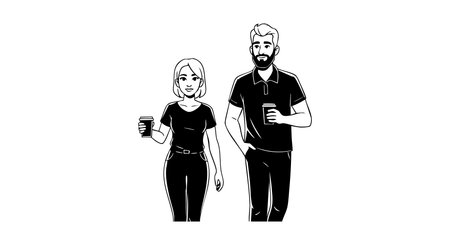 Vector illustration shows a man and woman walking while holding coffee cups in casual clothing, conveying a relaxed mood.のイラスト素材