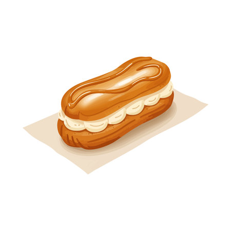 This vector shows a delicious eclair with smooth cream filling and shiny caramel glaze, perfect for...