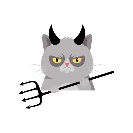 Illustration shows a gray devil cat with black horns and yellow eyes holding a pitchfork, conveying...