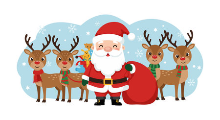 Santa Claus stands with four reindeer in a snowy winter scene, holding gifts and a red sack, creating a festive and joyful Christmas atmosphere.のイラスト素材
