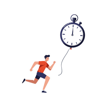 Illustration shows a man in red shirt running after a large stopwatch symbolizing speed and time...