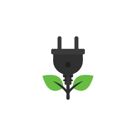 This vector shows an eco-friendly power plug with green leaves representing sustainable energy and environmental care, conveying a clean and positive mood.のイラスト素材