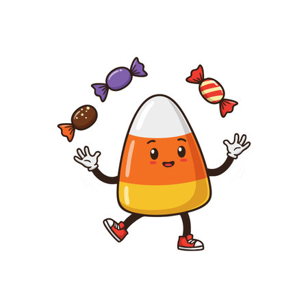 This vector features a cheerful candy corn character juggling three colorful wrapped sweets with red...