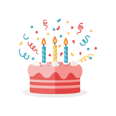 Vector shows a pink birthday cake with lit candles and vibrant confetti, perfect for celebrations...