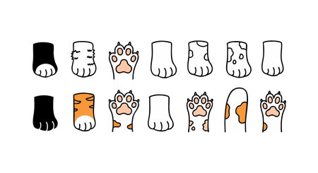 Illustration of various cat paws showing different fur colors and paw pad details in a simple vector style, playful and cute.のイラスト素材