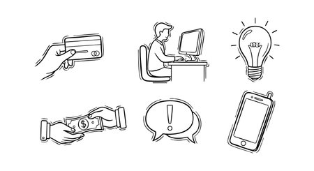 Black and white hand-drawn vector icons represent technology and communication concepts in a simple style, conveying innovation and connectivity mood.のイラスト素材