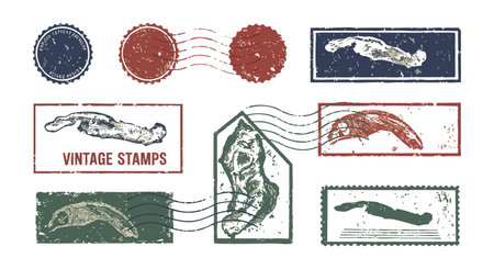 Vector shows vintage postal stamps with map shapes in retro colors, featuring textured look and postmark effects, evoking nostalgic travel mood.のイラスト素材