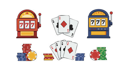 Vector illustration featuring slot machines, poker chips, and playing cards representing casino gambling and games, colorful and vibrant design. Exciting mood.のイラスト素材