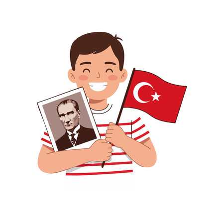 A smiling boy holds a Turkish flag and AtatÃ¼rk portrait, symbolizing national pride and patriotism in Turkey with vibrant red color, cheerful mood.のイラスト素材
