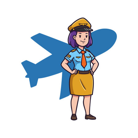 Illustration shows a female pilot wearing uniform and cap with hands on hips in front of airplane silhouette, conveying confidence and professionalism.のイラスト素材